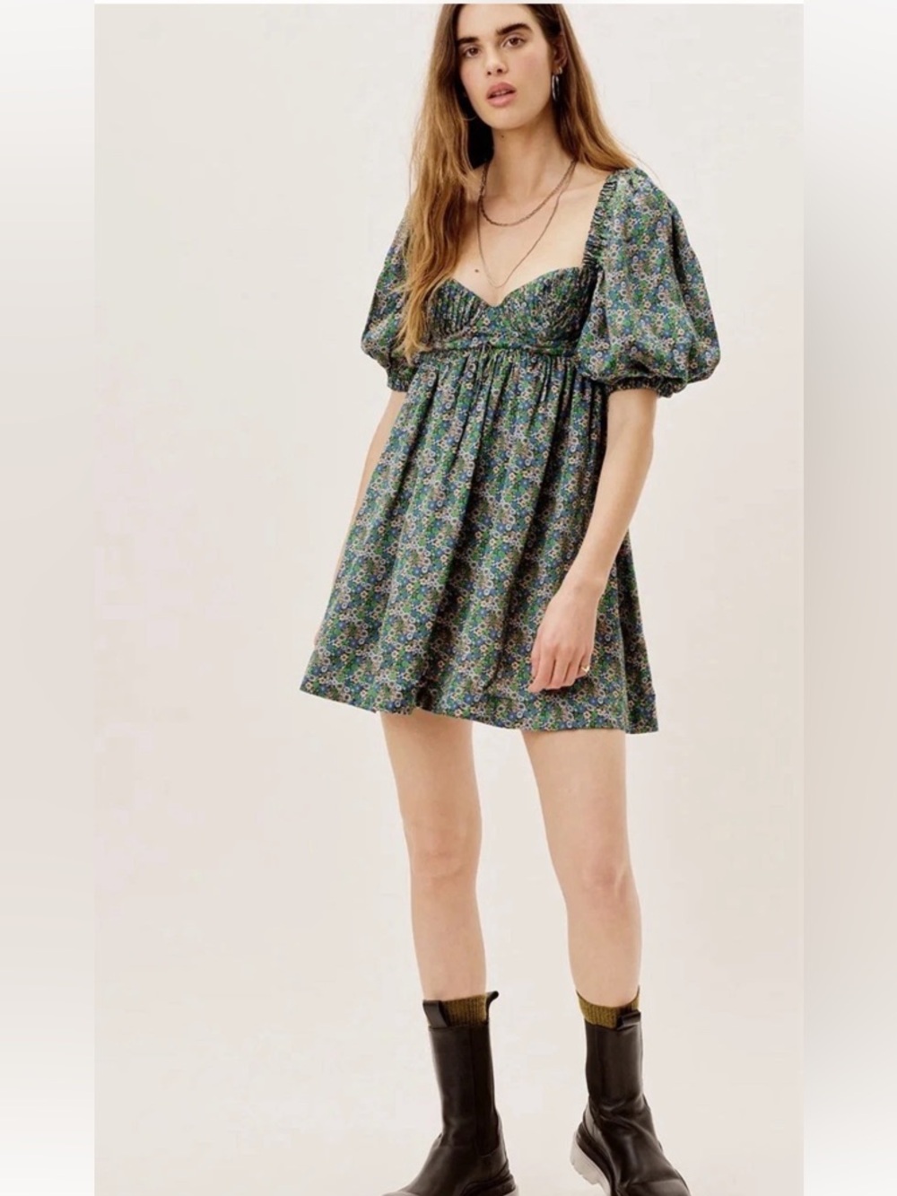 For Love & Lemons Alisa Ditsy Floral Mini Babydoll Dress Green Women's Size S